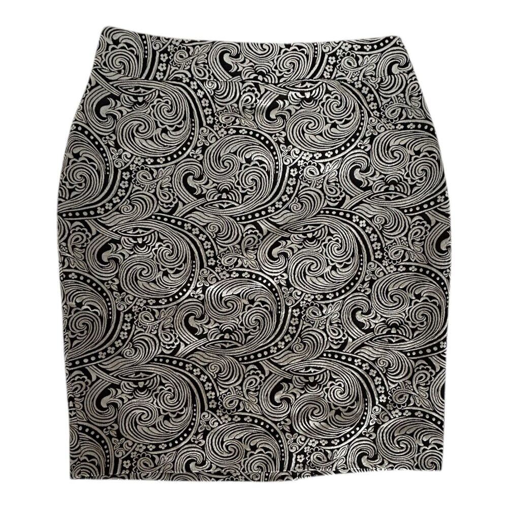 Ann Taylor Floral Black w/Metallic Silver Paisley Pattern Lined Skirt Womens 00P